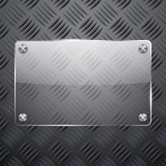 Transparent glass banner on abstract metal background,  vector illustration