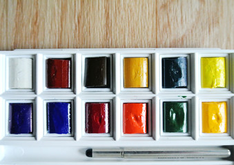 watercolors and brushes