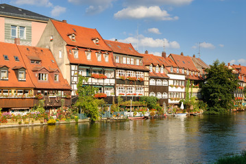 Timber-framed houses at the bank of river in Bamberg, Bavaria, Germany