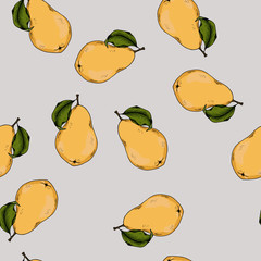 Seamless pattern with fresh pears and green leaves on pastel grey background. Hand drawn vector illustration.