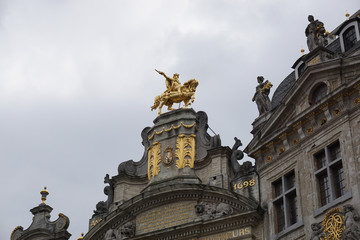 Roof detail of an old palce in Grand Place (Grote Markt) - central square of Brussels - most important tourist destination and most memorable landmark in Brussels, Belgium.