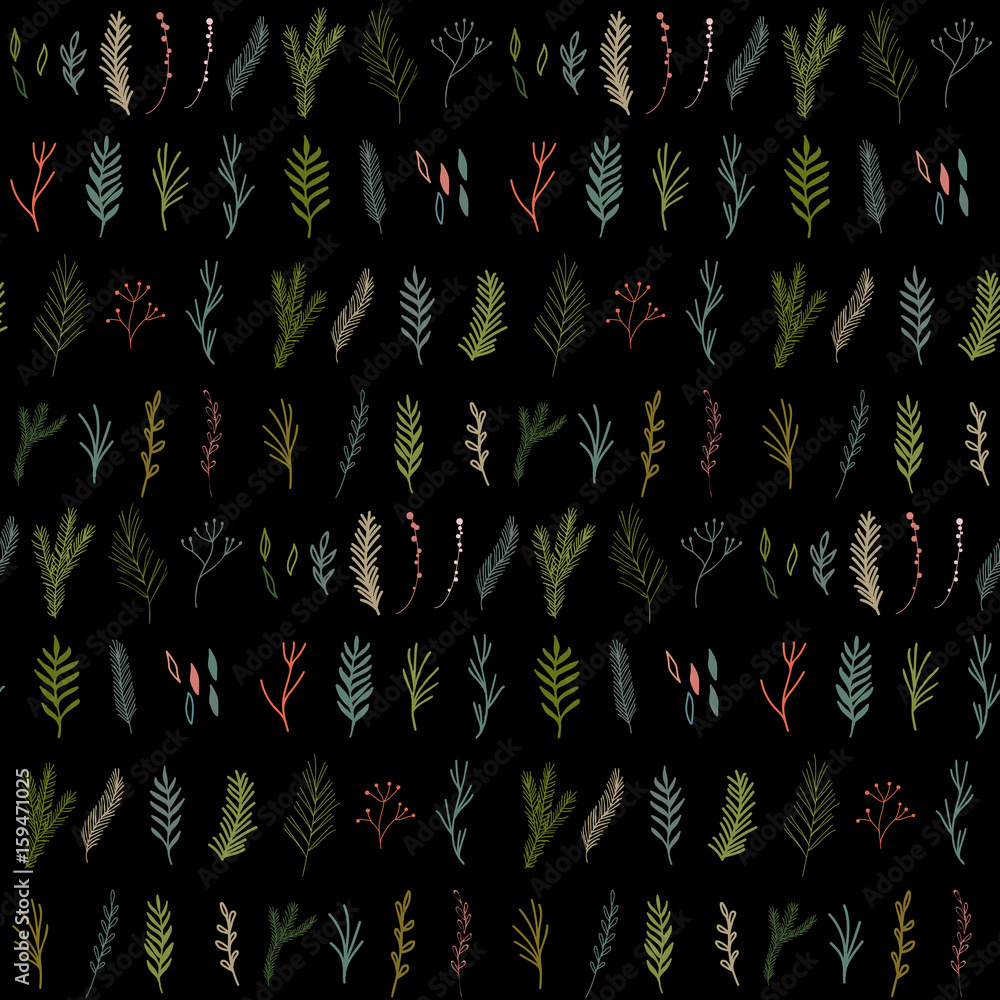 Poster Floral seamless pattern with hand drawn pine and fir trees twigs and leaves.