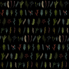 Floral seamless pattern with hand drawn pine and fir trees twigs and leaves.