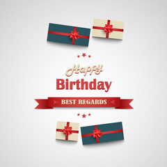 Birthday poster with ribbon and gifts in the background