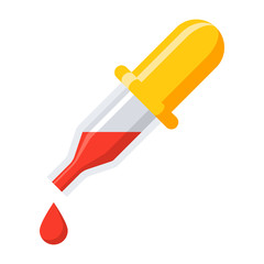 Medical pipette or chemical dropper with blood and drop, vector icon in flat style
