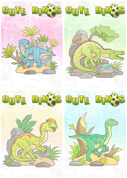 Cartoon cute dinosaurs set of cards