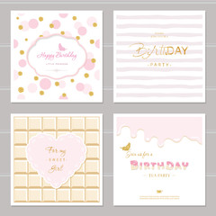 Fototapeta premium Cute cards design with glitter for girls. Birthday party invitation. Included polka dot, chocolate and striped seamless patterns.