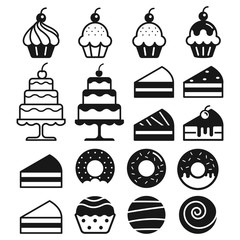 Bakery cakes icons set. Vector illustration.
