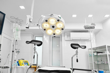 Horizontal shot of a gynecological operating room in a modern hospital with high quality equipment medicine people living vitality concept.