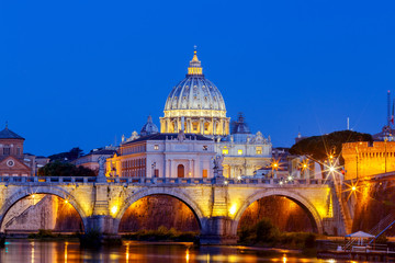 Fototapeta na wymiar Rome. The Tiber River and Saint Peter's Cathedral.