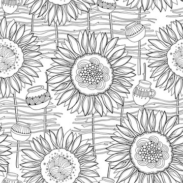 Vector seamless pattern with outline open Sunflower, wicker fence and jug on the white background. Floral pattern with ornate Sunflowers in contour style for rural summer design or coloring book.