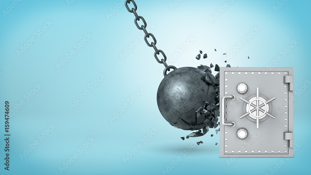 Poster 3d rendering of a large wrecking ball hitting a silver old-fashioned safe box and crashing itself in