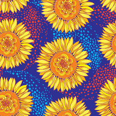 Obraz premium Vector seamless pattern with outline open Sunflower or Helianthus flower in yellow and orange on the blue background. Floral pattern with ornate Sunflowers in contour style for summer design.