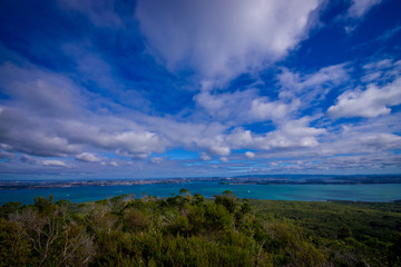 Fototapeta na wymiar View to Rangitoto Island from North Head in a sunny day with a beautiful blue sky