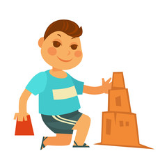 Cartoon little boy builds sand castle isolated illustration