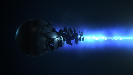 Blue laser destroys the sphere 3d illustration
