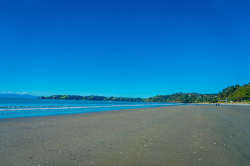Fototapeta na wymiar Dark Sand Beach on Waiheke Island, New Zealand with a beautiful blue sky in a sunny day