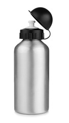 Silver sport bottle on white background