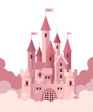 Pink castle with clouds. Vector flat illustration.