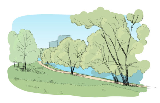 Park color landscape sketch. Vector illustration.