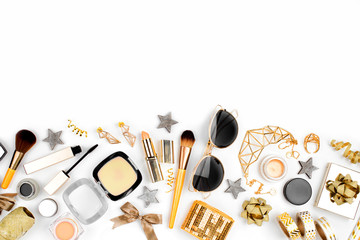 Cosmetics collage with lipstick, brush and other accessories on white background. Composition in...