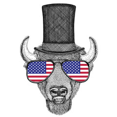 Buffalo, bison,ox, bull wearing cylinder top hat and glasses with usa flag United states of America flag
