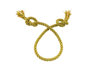 Golden rope is fixed and roll, a knot at each end. Isolated on white background (with clipping path).