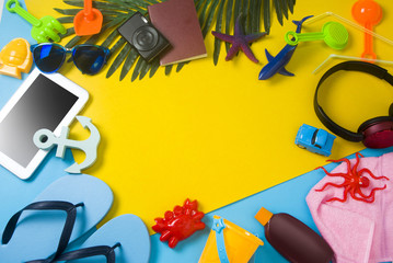 colorful prop and gadget of summer on color paper ground