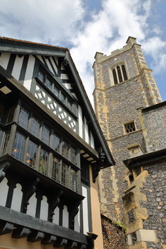 St John Maddermarket Church and a timbered framed and medieval house in Norwich, Norfolk, UK