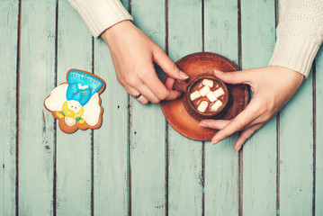 Female hands holding warm coffee or cocoa, cookies on wooden background in morning. Space for text. Seasonal holidays concept. Retro style background.