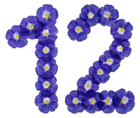 Arabic numeral 12, twelve, from blue flowers of flax, isolated on white background