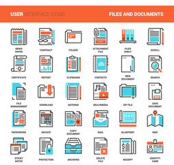 Files and documents flat line icons