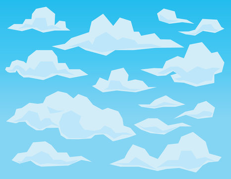 Clouds in geometric flat faceted style on blue background.