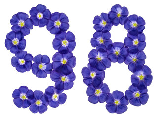 Arabic numeral 98, ninety eight, from blue flowers of flax, isolated on white background