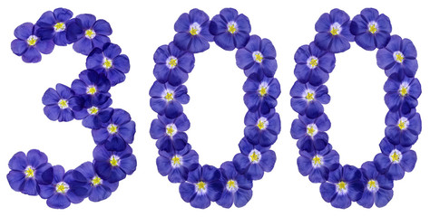 Arabic numeral 300, three hundred, from blue flowers of flax, isolated on white background