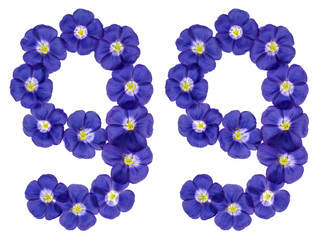 Arabic numeral 99, ninety nine, from blue flowers of flax, isolated on white background