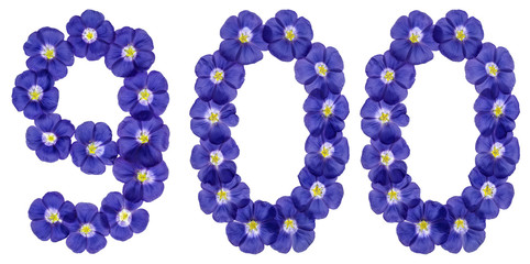 Arabic numeral 900, nine hundred, from blue flowers of flax, isolated on white background