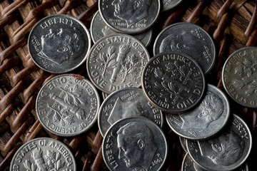 money dimes, nichels, quarters, pennies, dollars