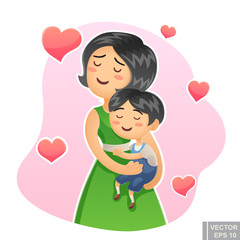 Cartoon vector happy family mother holding her child Mom care love her little kid hug