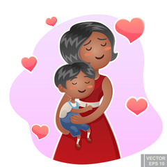 Cartoon vector happy family mother holding her child Mom care love her little kid hug