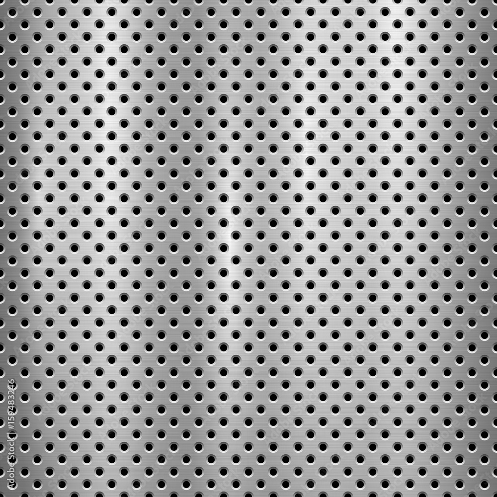 Poster metal technology background with with seamless circle perforated pattern and circular polished, brus