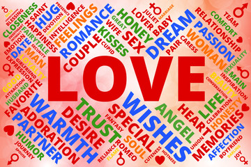 Colorful word cloud collage related with love with hearts, man and woman symbols
