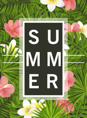 Trendy summer card, banner, poster with tropical flowers, plants and leaves . Vector illustration.