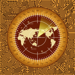 Digital radar screen with world map, targets and circuit board elements of brown, orange, and yellow shades