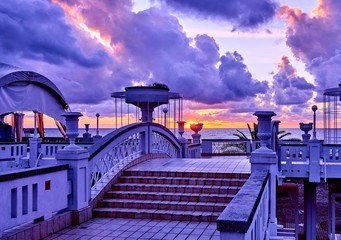 Sunset on the beach with beautiful sky in Sochi. Russia