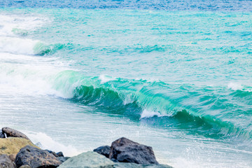 Blue sea with waves. Waves in ocean Splashing Waves