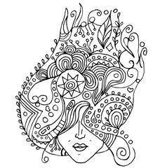 Portrait of pretty young woman in straight view with long beautiful hair. Vector illustration.