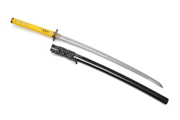 Japanese sword and scabbard on white background wrapped handle by yellow leather  and ray skin on scabbard