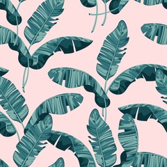 Materiał do szycia Composition of exotic palm banana leaf on a light pink background. Print summer seamless vector pattern wallpaper
