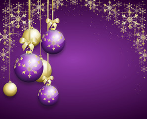 Fototapeta na wymiar purple christmas background decorated with christmas bulbs